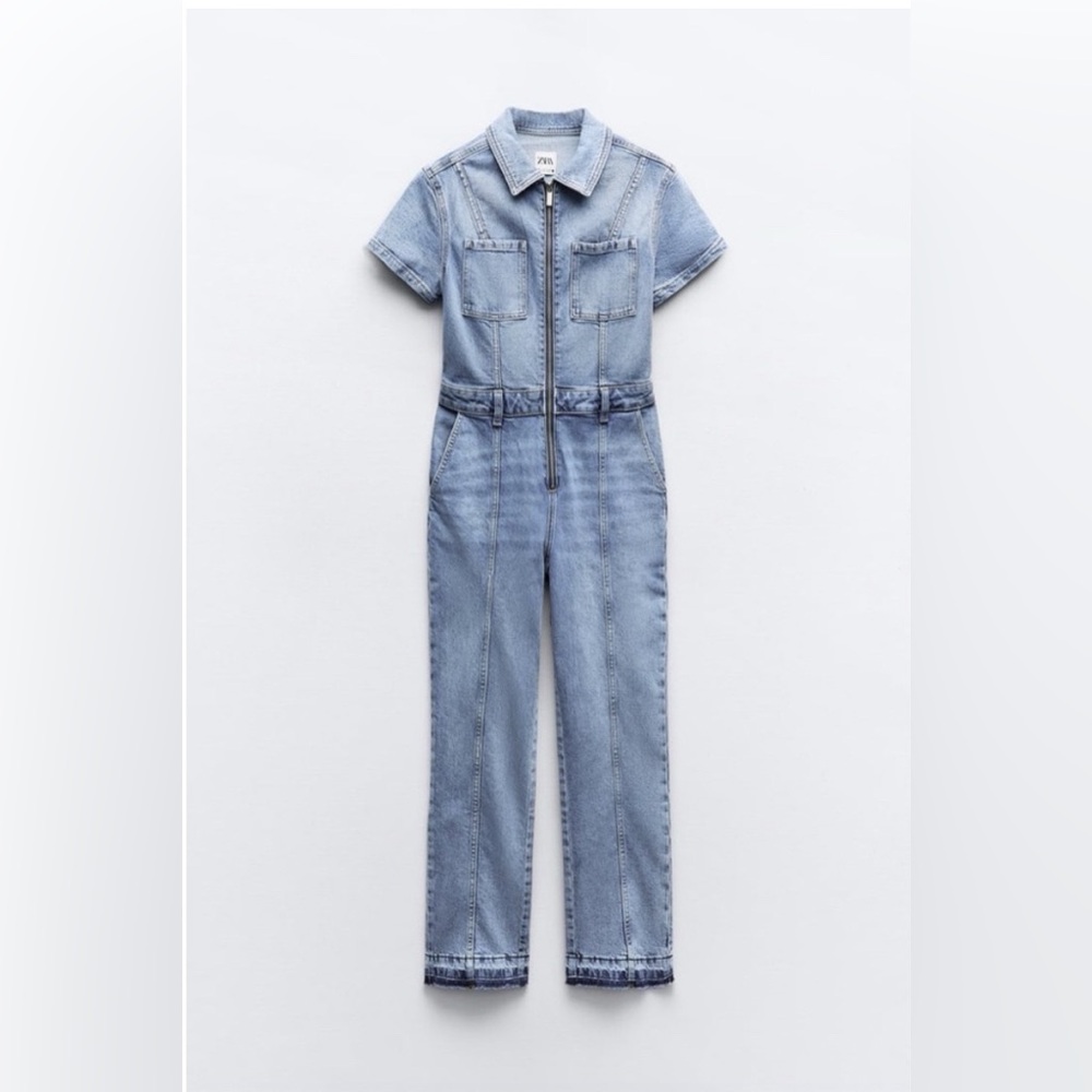 ZARA Light Blue Denim Jumpsuit with Short Sleeves